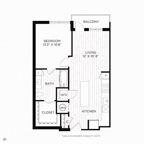 Floor plan for 1 bed, 1 bath, 648 sqft